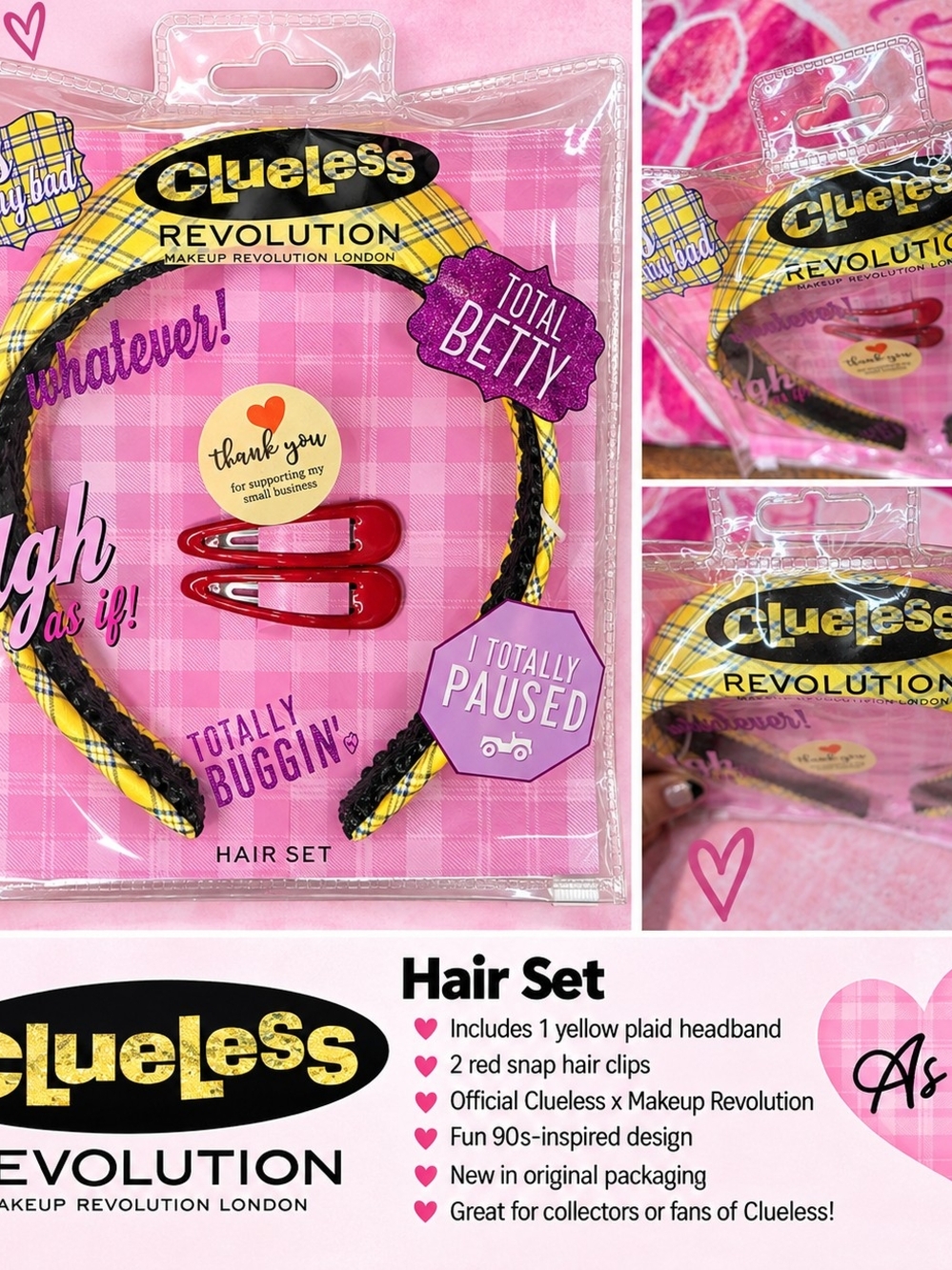 Revolution Kids Yellow Plaid Braided Headband with Red Snap Clips